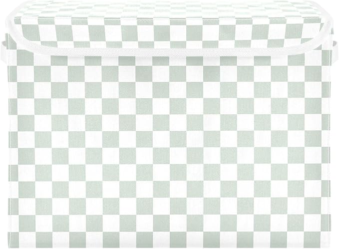 Grey Green Checkerboard Storage Baskets Lidded Bin Foldable Storage Boxes Cubes Lids with 2 Handles for Organizing Closet Home Office