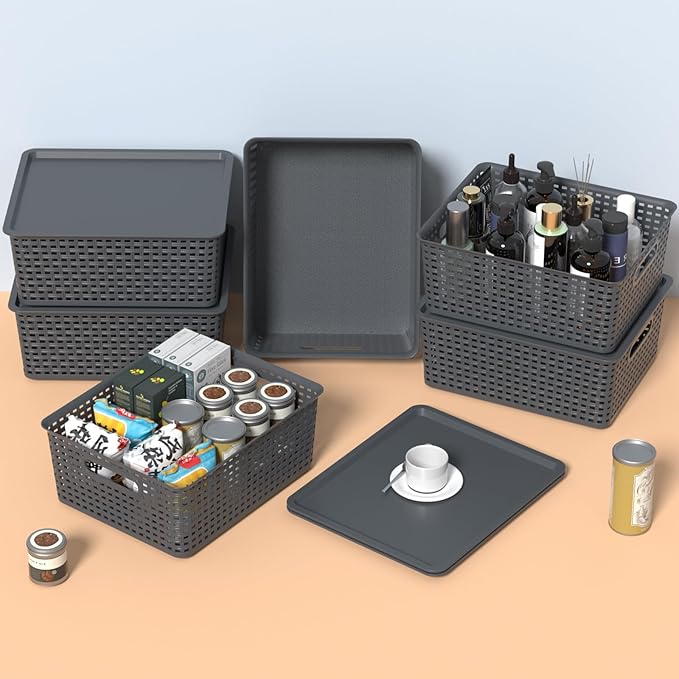 Zopnny 6-Pack Plastic Lidded Storage Shelf Basket Stackable Organizer Baskets with Lid for Desktop Pantry Closet Office (Grey)