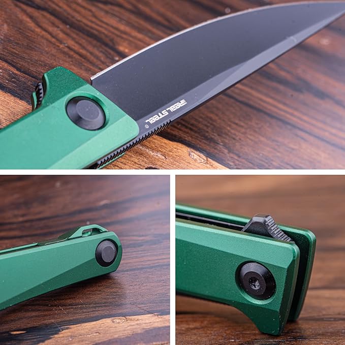 Real Steel Teres lightweight EDC Flipper Knife 3.11'' Nitro-V ‎Black PVD Hollow-Ground BladeAluminum HandleLiner Lock Knife Gentleman's Knife with Pocket ClipHunting Camping Hiking Fishing Knife