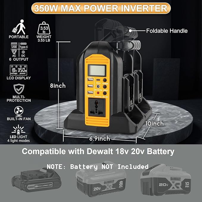 DC 20V to AC 120V Power Inverter Compatible with Dewalt 20V Max Battery 350W Pure Sine Wave Portable Power Inverter Converter with LCD Display and LED Light 4 Battery Port