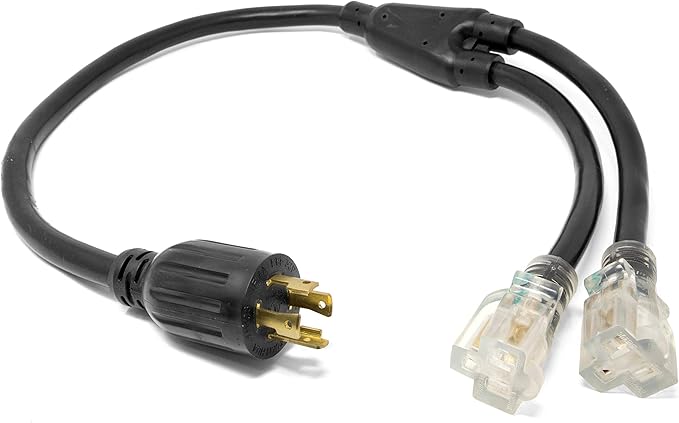 Wen PC1405 2 3 ft. 10-Gauge SJTW Generator Extension Cord Splitter (converts L14-30R to Two 5-20R outlets)