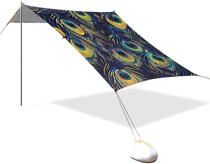 ALAZA Peacock Feathers on Blue Beach Tent Sun Shelter Portable Canopy Sunshade for Outdoor Camping Picnics Backyard Fun 10x9 ft