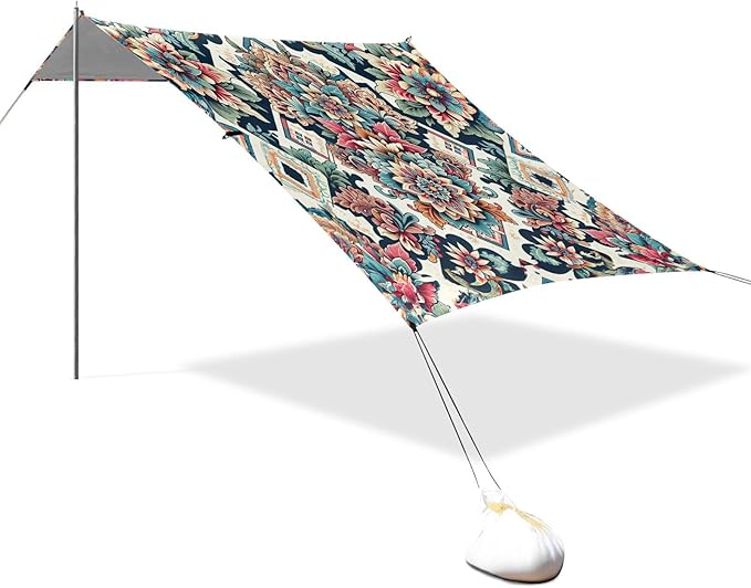 Bohemian Botanical Flowers Beach Tent Sun Shelter Set UPF50+ UV Protection 10.5 x 9.19 FT Camping Shade Canopy with Sandbags Sand Anchors Carrying Bag and Others