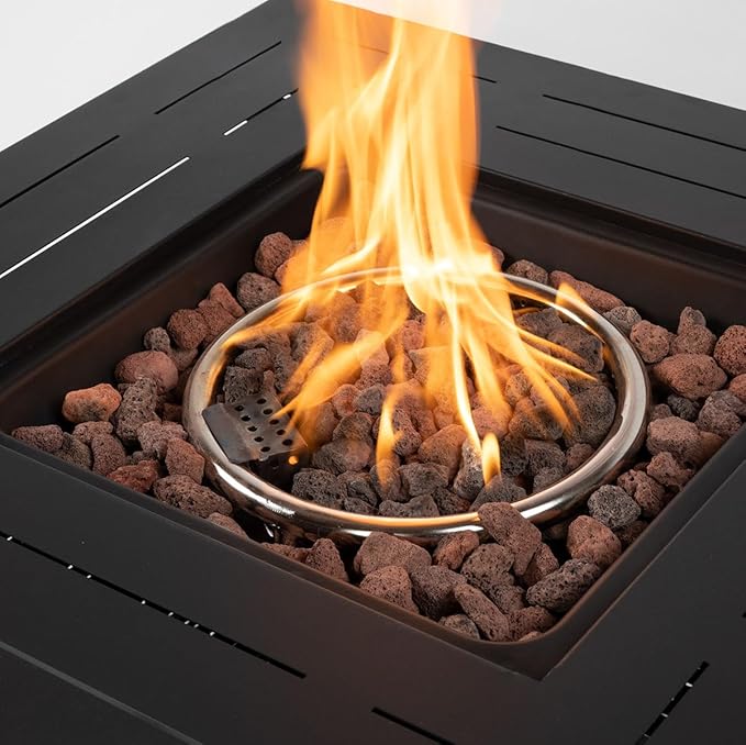 28'' Propane Fire Pit Table 50000 BTU Fire Table with Brown Wicker Laval Rocks Inclined Leg Design.