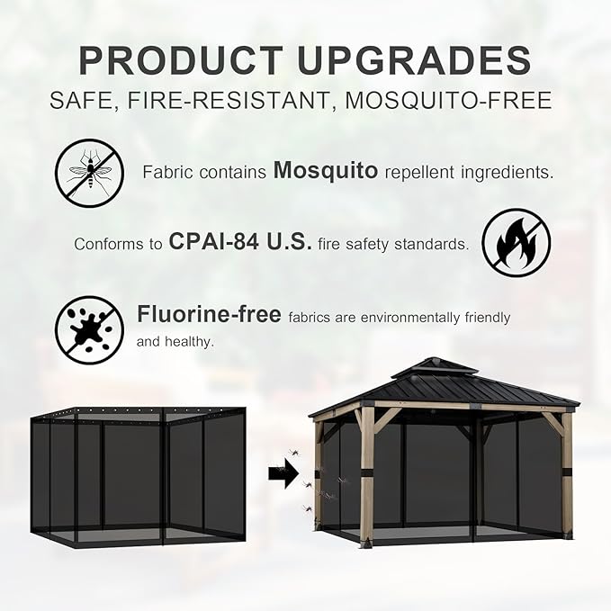 BPS 10' x 10' Gazebo Universal Mosquito Netting Screen Replacement 4-Panel Mesh Screen Walls with Double Zippers for Outdoor Patio Khaki (Mosquito Net Only)