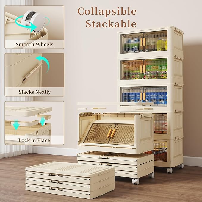 5 Tier Stackable Plastic Storage Bins with Lids 48QT Collapsible Closet Organizers and Storage with Wheels for Living RoomOfficeDorm