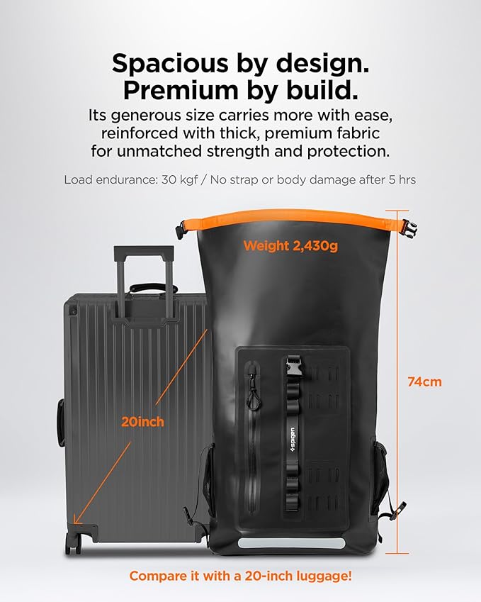 Spigen for Waterproof Backpack IPX6 35L Roll Top Travel Rucksack Fits up to 16 Inch Laptop Multi-Compartment Bag Ventilated Back Chest Strap Hiking Camping Swimming Canoeing Fishing