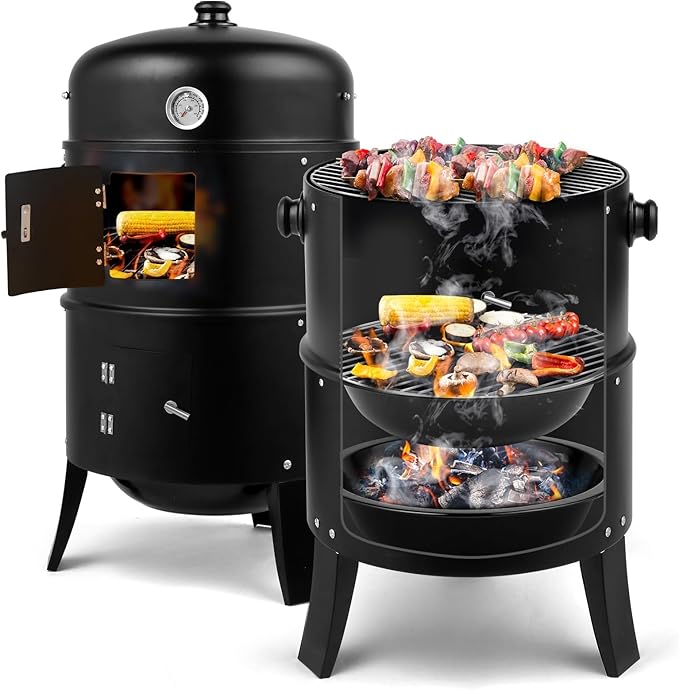 ROVSUN 18 Inch Multi-Layer Charcoal BBQ Smoker Grill Heavy Duty Round Grill Vertical Smoker with Thermometer for Outdoor Cooking Patio Parties Backyard