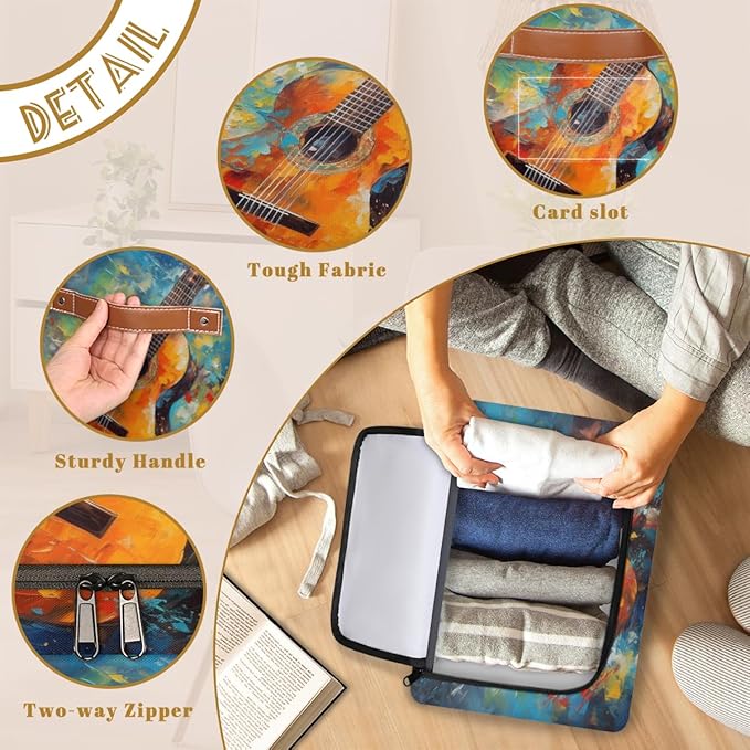 Watercolor Guitar Storage Box with Lid Music Collapsible Storage Bins Baskets Cubes Closet Shelf Clothes Organizer Containers with PU Leather Handles