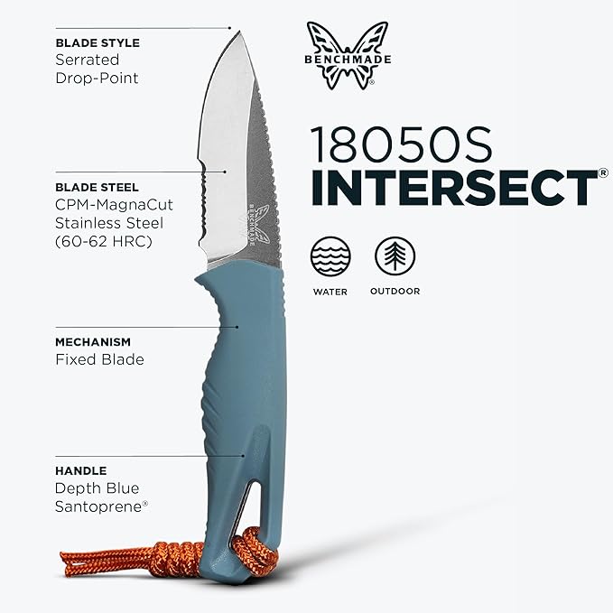 Benchmade - Intersect Outdoor Knife Drop-Point Serrated Blade Depth Blue Santoprene Handle (18050S)
