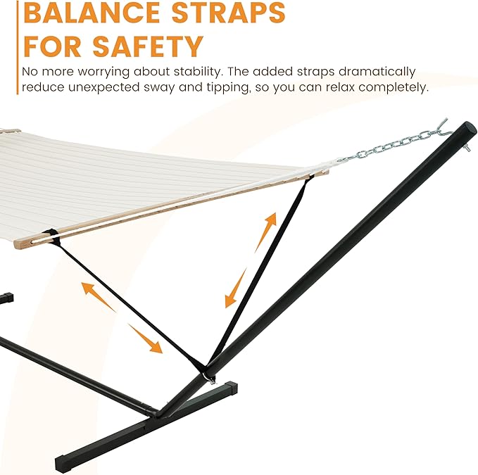 Lazy Daze Hammocks 2 Person Portable Hammock with 12FT Stand for Outside Quilted Double Hammock with Spreader Bar and Detachable Pillow 450lbs Capacity Perfect for Outdoor Patio Natural