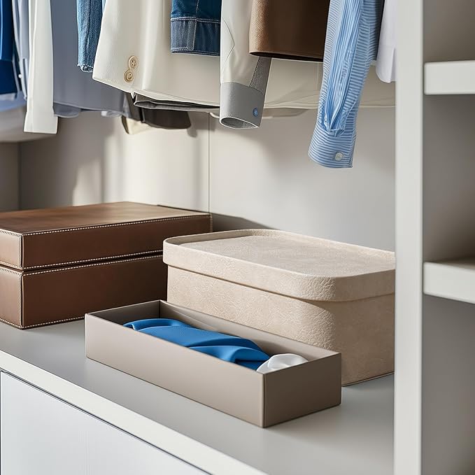 La Jolie Maison Vegan Leather Storage Boxes with Lids Set of 3 Decorative Storage Containers Organize Stackable Storage Box Beige