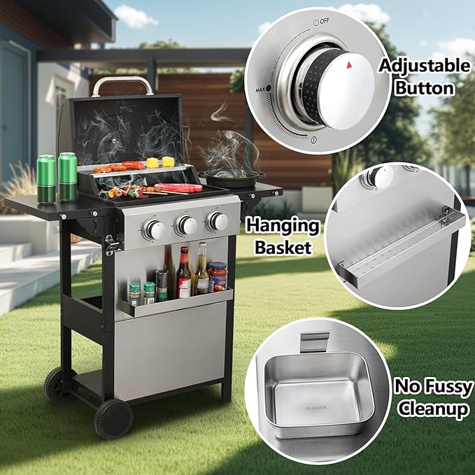 3 Burner Small Propane Gas Grill with Porcelain-Enameled Grates &amp Thermometer Stainless Steel BBQ Grill 25650 BTU with Folding Side Tables for Outdoor Cooking Kitchen Garden Patio