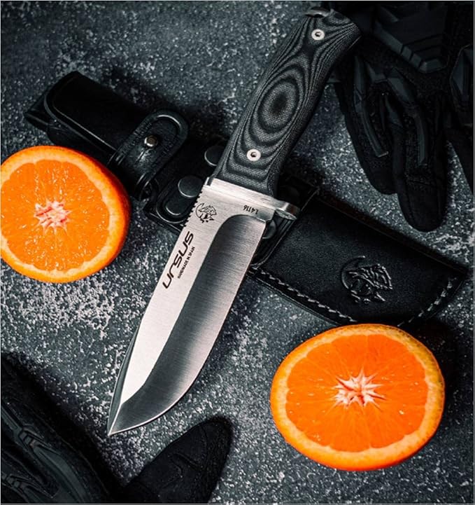 J&ampV URSUS – Survival Knife for Camping Bushcraft Field Hunting Fishing Blade 14.5 cm Stainless Steel MOVA 1.4116 Leather Sheath Made in Spain BLACK MICARTA