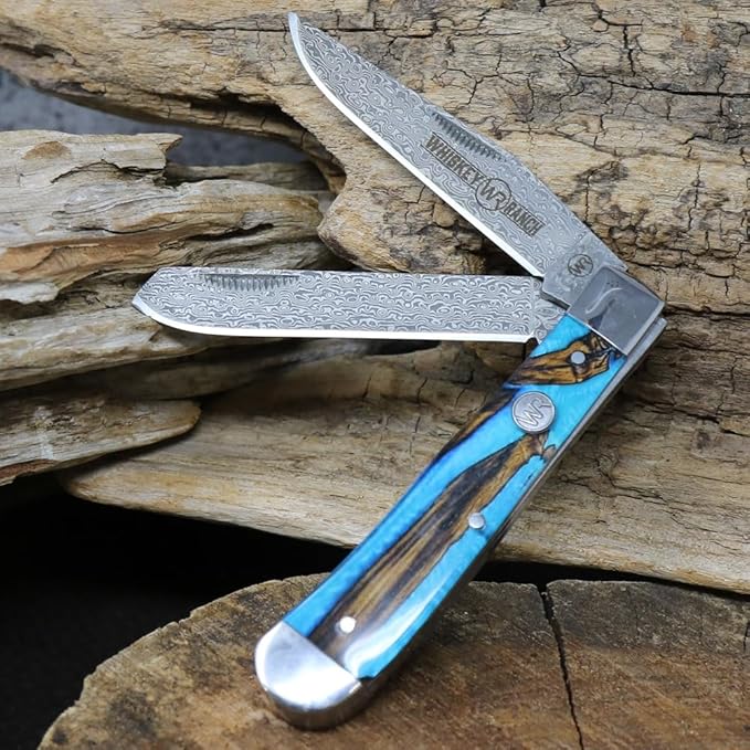 WHISKEY BENT HAT CO. Traditional Trapper Folding Pocket Knife 4.125 Closed Length 440C Stainless Steel Blades (Spring Branch - Damascus Blades)