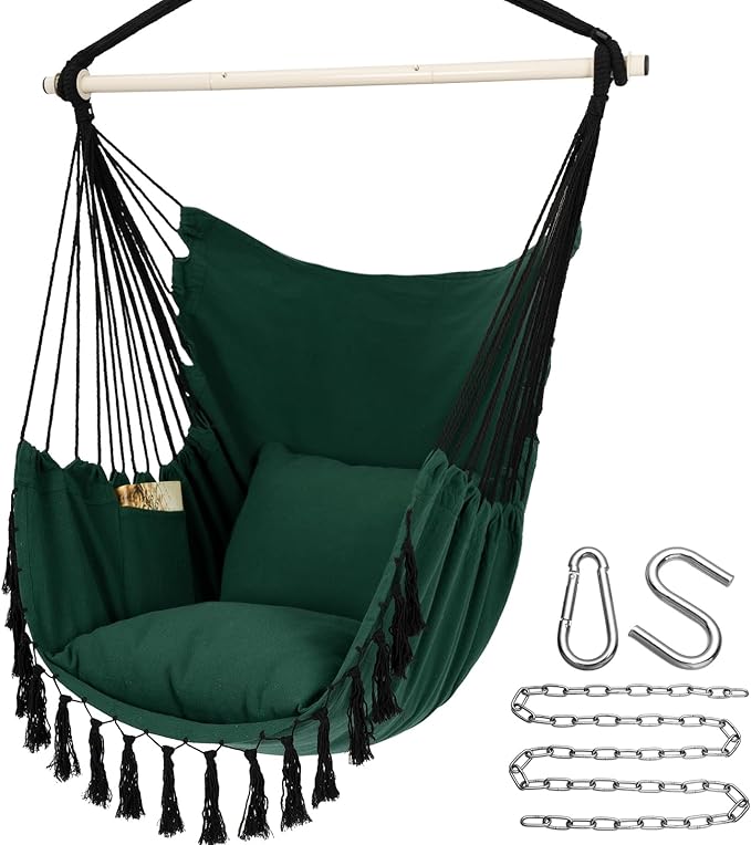 Y- STOP Hammock Chair Hanging Rope Swing Max 500 Lbs 2 Cushions Included Large Macrame Hanging Chair with Pocket for Superior Comfort with Hardware Kit Green