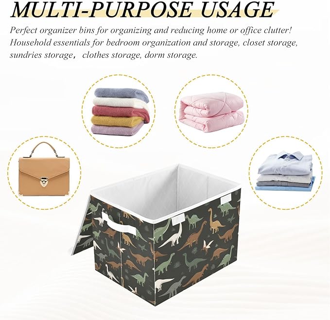 Storage Bins with Lids Storage Containers Box Organizer Bin Basket with Handles for Closet Shelves Clothes Stackable Foldable Decorative Green and Brown Dinosaurs