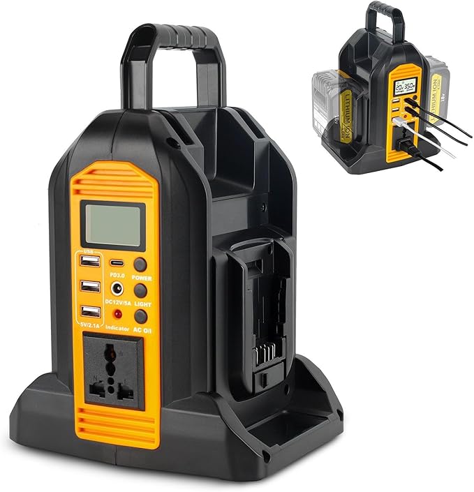 DC 20V to AC 120V Power Inverter Compatible with Dewalt 20V Max Battery 350W Pure Sine Wave Portable Power Inverter Converter with LCD Display and LED Light 2 Battery Port