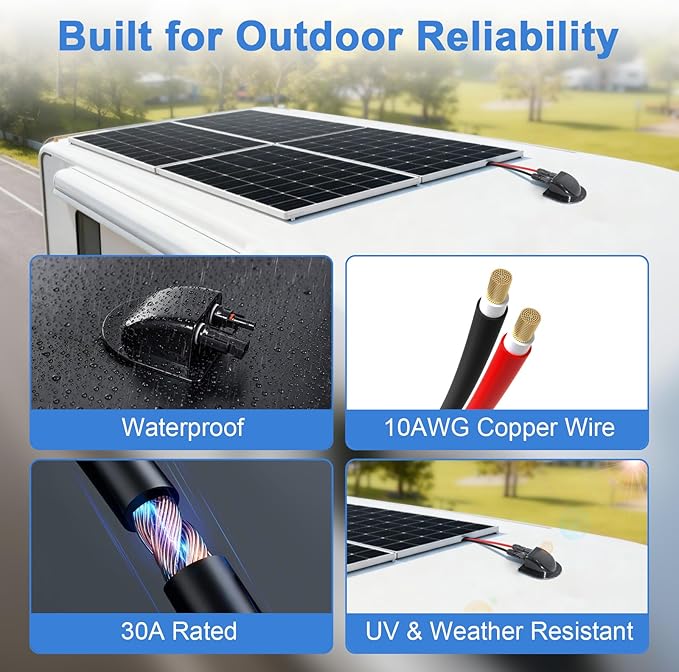 Solar Cable Entry Gland with 10ft 10AWG Solar Extension Cable Compatible with MC4 Weatherproof Roof Cable Entry Housing for RV Camper Van Boat Shed Garage