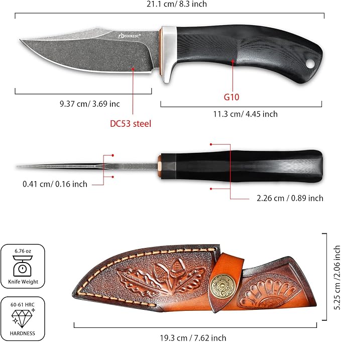 Knives DC53 Steel Fixed Blade Hunting Knife with Sheath Tactical EDC Knife for Men Outdoor Survival Camping Hiking Fishing (Black Stone Wash)