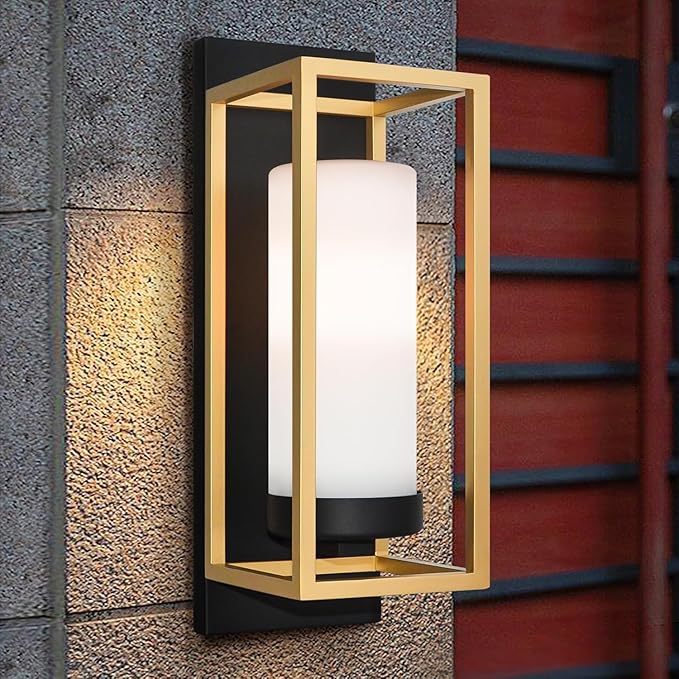 ALVIME Modern Outdoor Wall Light Brushed Gold &amp Matte Black Waterproof Enclosed Anti-Insect Wall Sconce E26 Etched Opal Glass for House Garage Door Living Room Bathroom