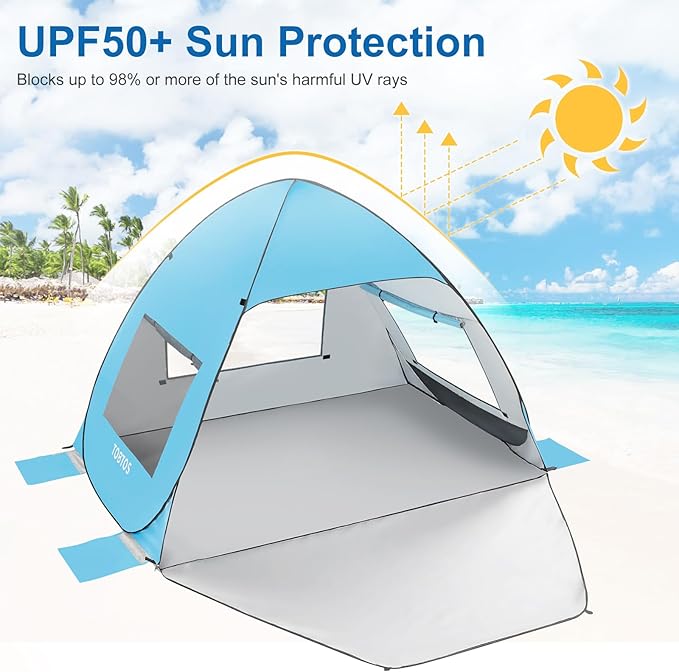TOBTOS UPF 50+ Pop Up Beach Tent Easy Set Up Beach Umbrella Sun Shelter for 2-3 People UV Protection Portable Sunshade Baby Canopy Cabana Lightweight with Carry Bag