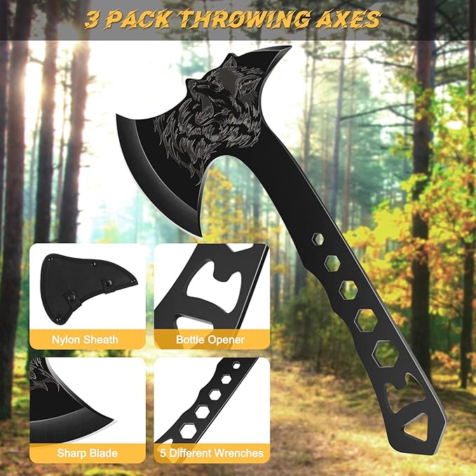 Throwing Knives Throwing Axes and Tomahawks 3 Pack Set with Bottle Opener and Nylon Sheath+ Golf Club Holder Stand Golf Ball Holder Display for 10 Cues