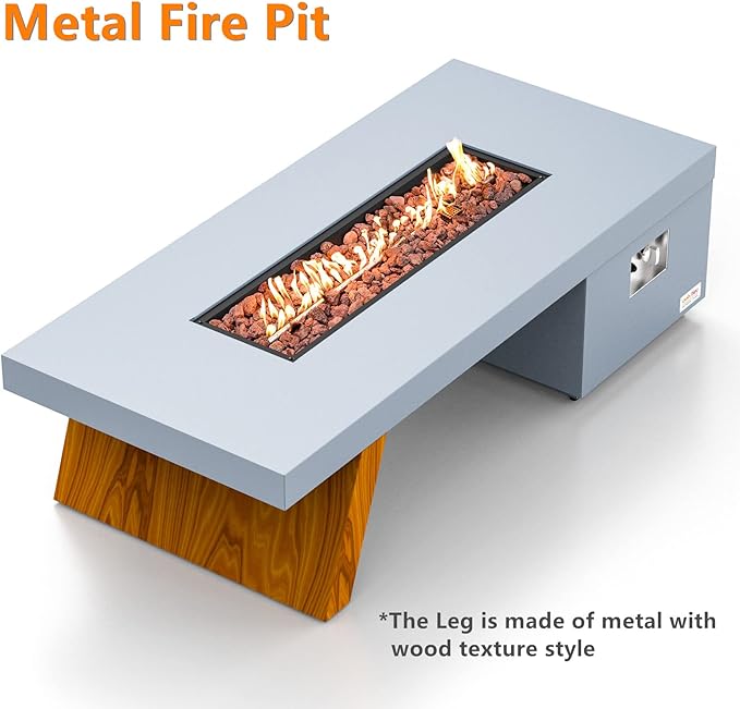 ONLYFIRE OUTDOOR LIVING Premium 60” Gas Fire Pit Table with Unique Wooden-Visual Leg Large Propane Fire Table with Lava Rocks Smokeless Fireplace 60000BTU for Backyard Patio Villa Bonfire FP015