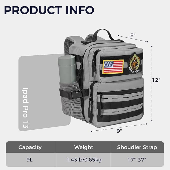 9L Mini Tactical Backpack for Men WomenSmall Military Tactical Backpack for SportGymHikingTravelCamping (Gray)