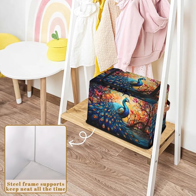 Clothes Storage Bins with Metal Frame Animal Peacock Storage Boxes with Zipper Lids Collapsible Cube Clothing Storage Bag with Leather Handle Closet Clothes Organizer Container