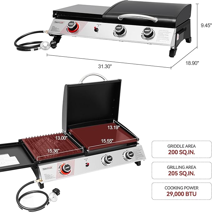 Royal Gourmet PD1305H 3 Burner Propane Gas Grill and Griddle Combo with Lid 3-in-1 Grill Griddle Combo with 29000 BTUs Output for Outdoor Cooking 364 Sq. In. Cooking Area Silver &amp Black