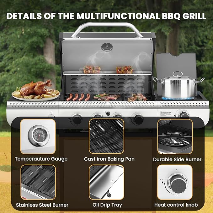 Electactic G41 Gas Grill4-Burner Gas BBQ Grill with Side Burner Porcelain-Enameled Grills 42000 BTU Stainless Steel Propane Grill for Outdoor Cooking and Patio Barbecues