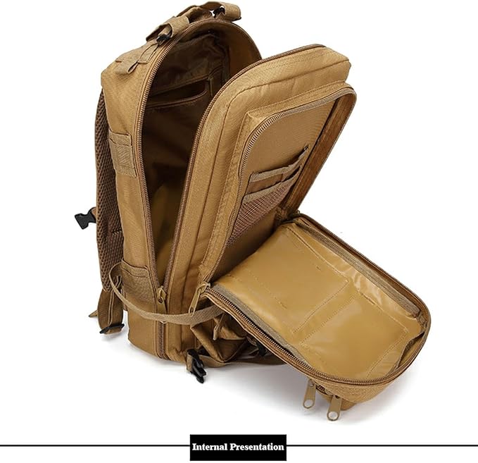 30L Comfortable Durable Military Tactical Backpack w/USA Flag Patch MOLLE Hiking Camping Travel Bag(khaki)