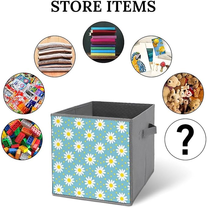 Practical Folding Storage Bins Daisy Flowers Sturdy Container for Wardrobe Kitchen Simplistic Storage Solution