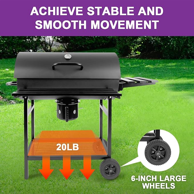 Charcoal BBQ Grill with Thermometer &amp Foldable Side Table 565 sq in Cooking Space Large Charcoal Grills Barrel Charcoal Grills for Backyards Picnic Cookouts