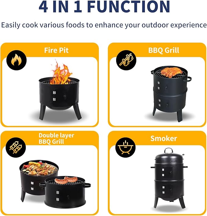 16 inch Vertical Charcoal Smoker Mini BBQ Grill Fire Pit 3-in-1 with Built-in Thermometer Adjustable Air Vent Idea for Parties Backyard Patio Camping