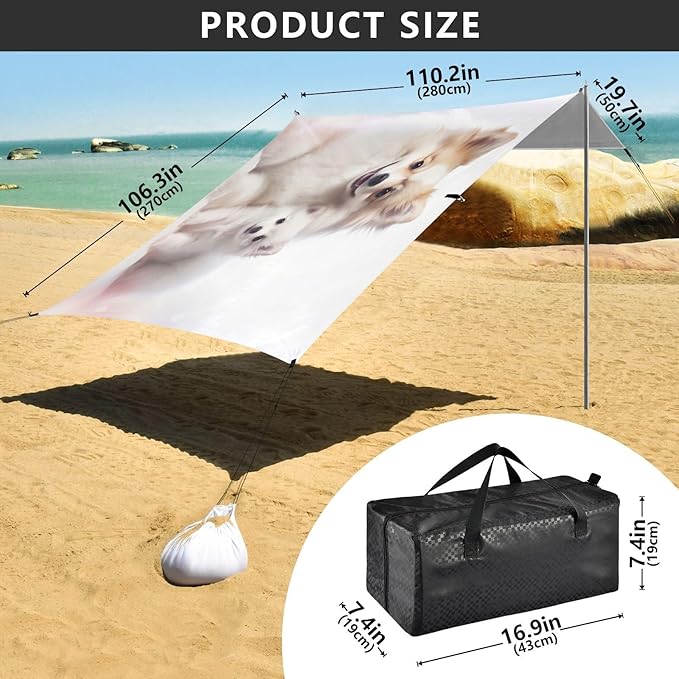 ALAZA Cute Dogs Puppy Beach Tent Sun Shelter UPF50+ Protection Beach Shade Canopy w/ 4 Sandbags for Outdoor Camping Fishing Backyard Fun Picnic 10x9 ft