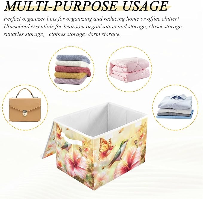 Collapsible Storage Bins with Lids Decorative Fabric Storage Cubes Closet Organizer and Storage Basket Boxes Containers for Clothes Box Chest Nursery Folding Rectangle Hibiscus Blossom and Hu