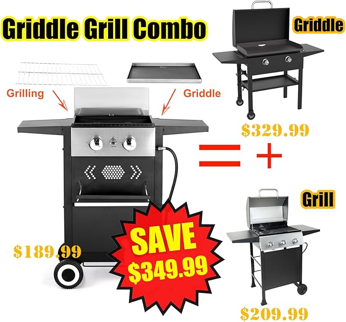 GREEN PARTY 2 Burner Griddle Grill Combo 2 in 1 Propane Gas BBQ Grill w/Cast Iron Plate 20000 BTU Output Small Flat Top Propane Barbecue Grill for Camping Patio Backyard Balcony