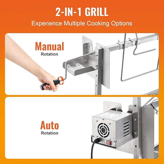 VEVOR Rotisserie Grill with Windscreen BBQ Whole Pig Lamb Goat Charcoal Spit Grill 35 Inch 90 Lbs Capacity Electric 42W Motor Stainless Steel Roaster with Lockable Wheels for Camping Outdoor
