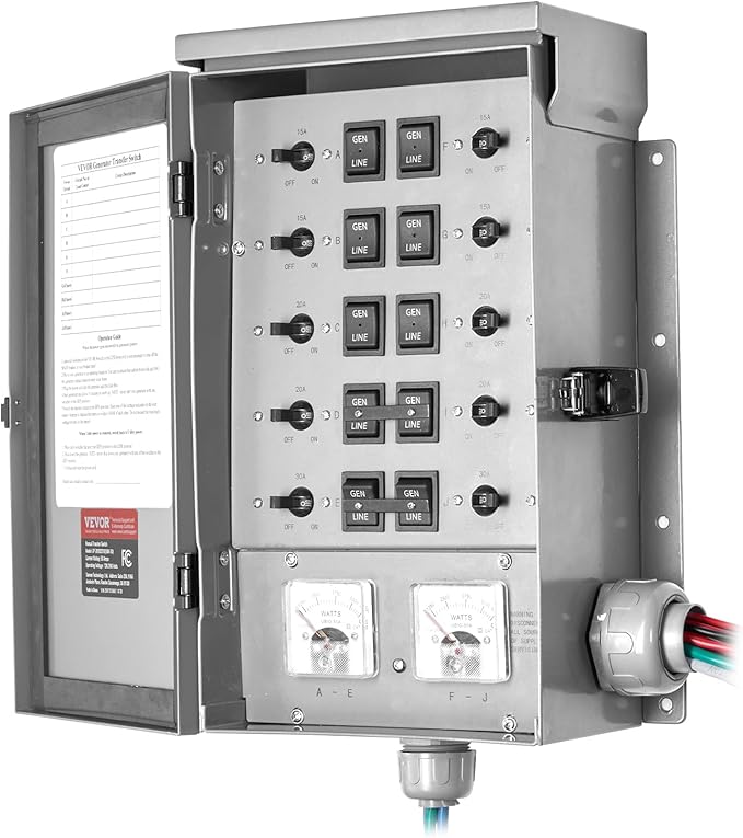 VEVOR Manual Transfer 50-Amp 10-Circuit Prewired Generator Transfer Kit with CS6375 Plug Power Inlet Box Double-Throw NEMA 3R Mechanical Watt Meter for 12500W Generators