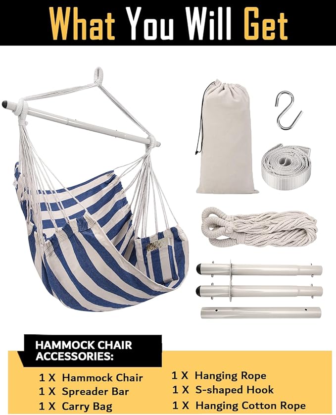 ADVOKAIR Hammock Chair Swing Heavy-Duty Hanging Rope Swing Seat Supports 500 Lbs Ideal for Outdoor Patio Backyard Porch Deck &amp Indoor Bedroom Use