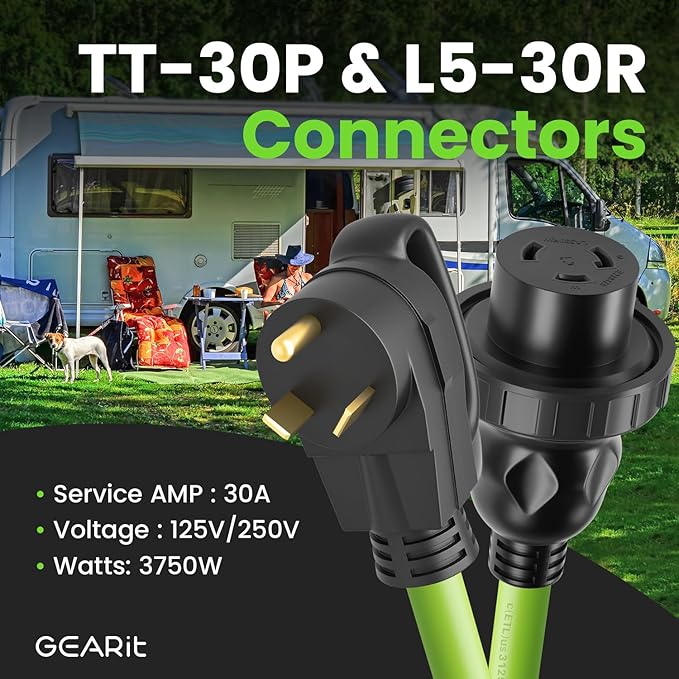 GEARit 20-Amp RV Power Extension Cord125-Volt 3-Prong NEMA TT-30P to L5-30R Twist Locking Adapter 10/3 STW 10AWG Gauge 3C RV Trailer Camper ETL Listed 100 Feet (30.4 Meters)