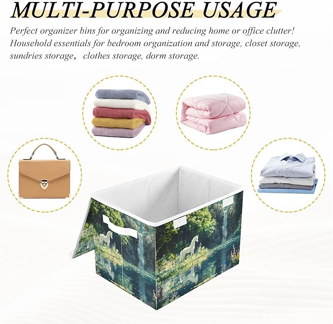 Storage Cube with Lid Lake White Horse Print 16.5×12.6×11.8 IN 1 Pack Collapsible Large Capacity Foldable Storage Basket Bin Organizer
