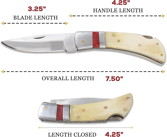 7 Handmade Folding Pocket Knife – 3 440 Stainless Steel Clip Point Blade – Silver Bolster – Genuine Leather Sheath Included (Bone &amp Wood)