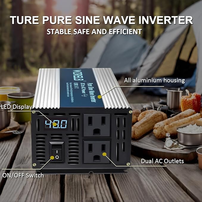 WZRELB 500W Pure Sine Wave Inverter 12V DC to 110V 120V AC Power Converter with LED Display Off-Grid Portable Power Inverter with 2 AC Outlets for Home RV Truck Camping