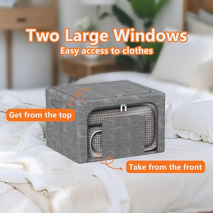 Stackable Clothes Storage Bins with Metal Frame 4 Piece Stackable Clothes Organizer with Double Opening + Clear Window Design for Cabinets Under Beds Storage and Garage Gray 2 * 22 L + 2 * 64 L