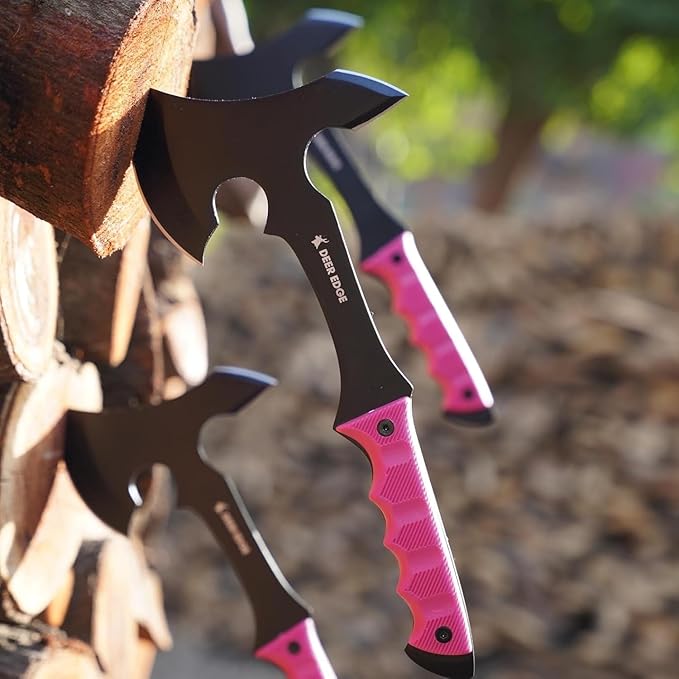 11.5 Throwing Axe Set – Professional Throwing Axe Pack of 6 - Chopping Hatchet with Pink Rubber Handle &amp Nylon Sheath – Small Outdoor Camp Hatchet for Axe Throwing Game