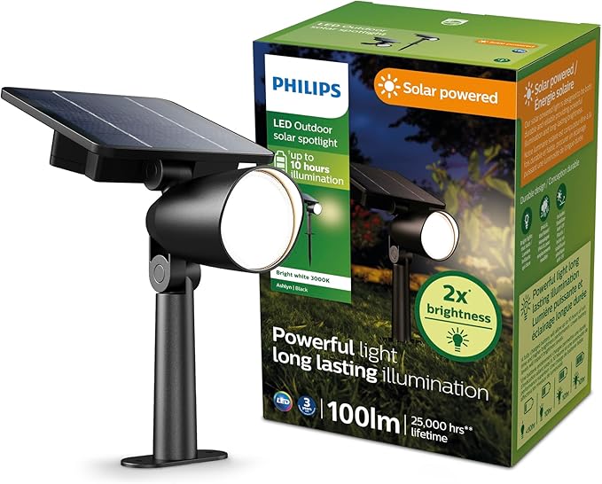 Philips LED Ashlyn Solar Spotlight 1-Pack Long-Lasting Landscape Path Light Bright White Light 3000K High Lumen 100 Lumens Wall or Ground Spot IP44