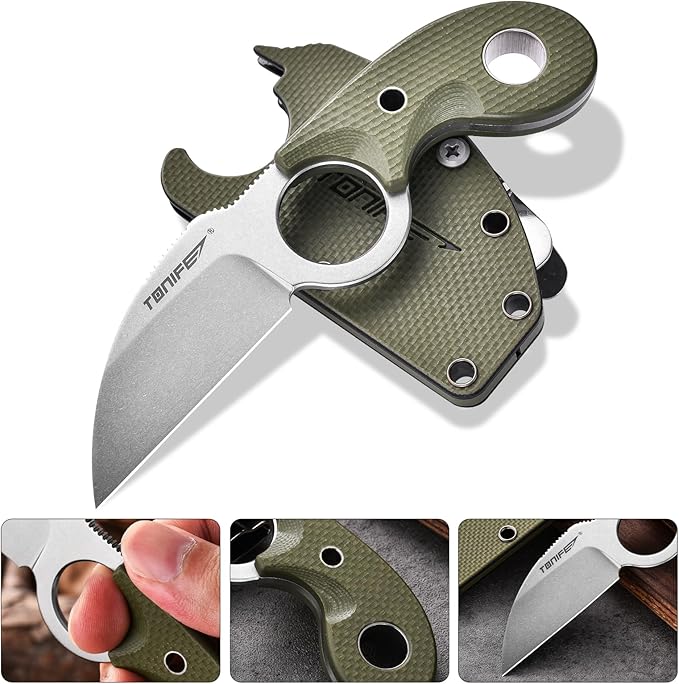TONIFE Small Fixed Blade Knife Full Tang EDC Camping with Sheath Lanyard and Clip Blade Length 2.172.5 oz.with Sheath(Green - Stonewash)